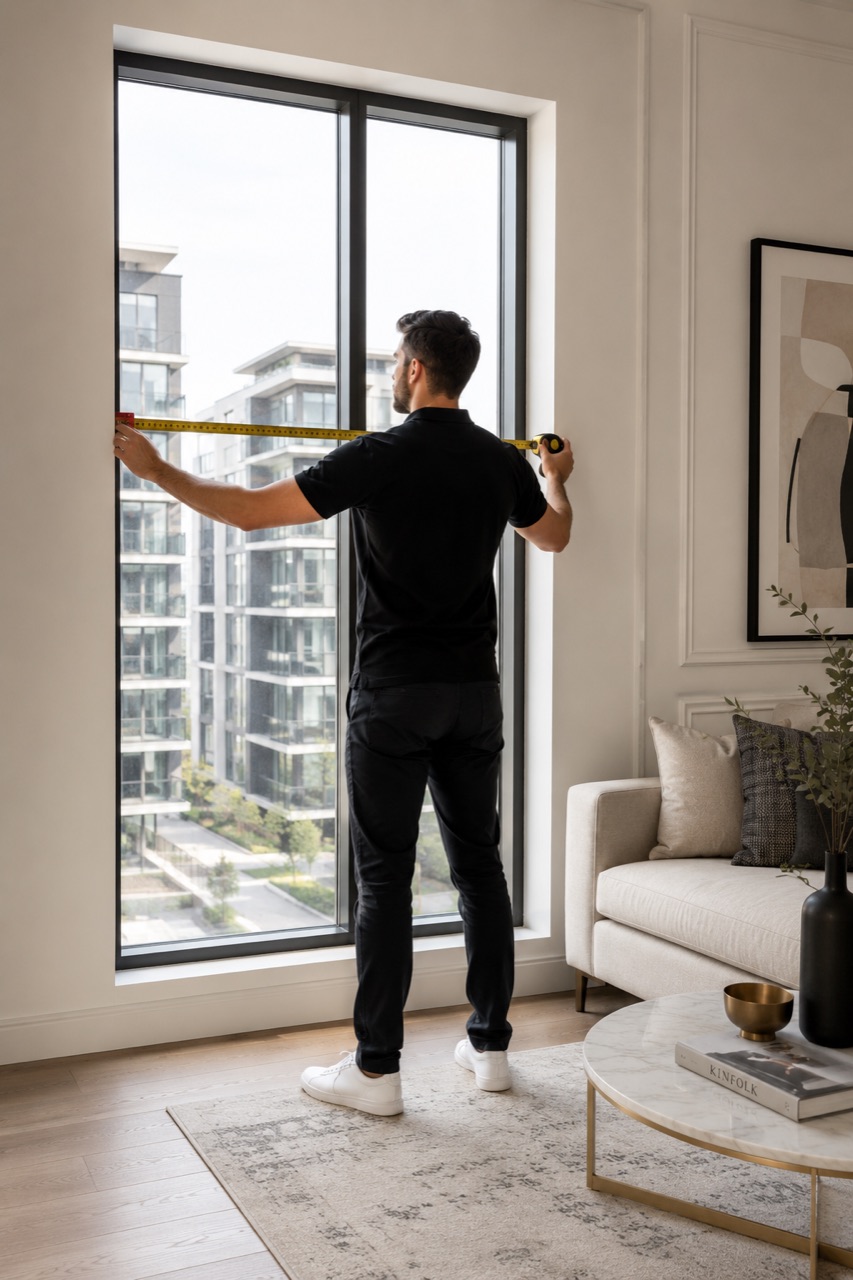 Curtain installer measuring a large window in a modern home